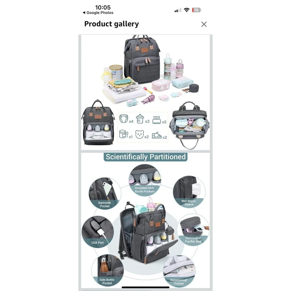 Baby Diaper Bag Backpack Changing Station Waterproof Lots of Compartments Grey